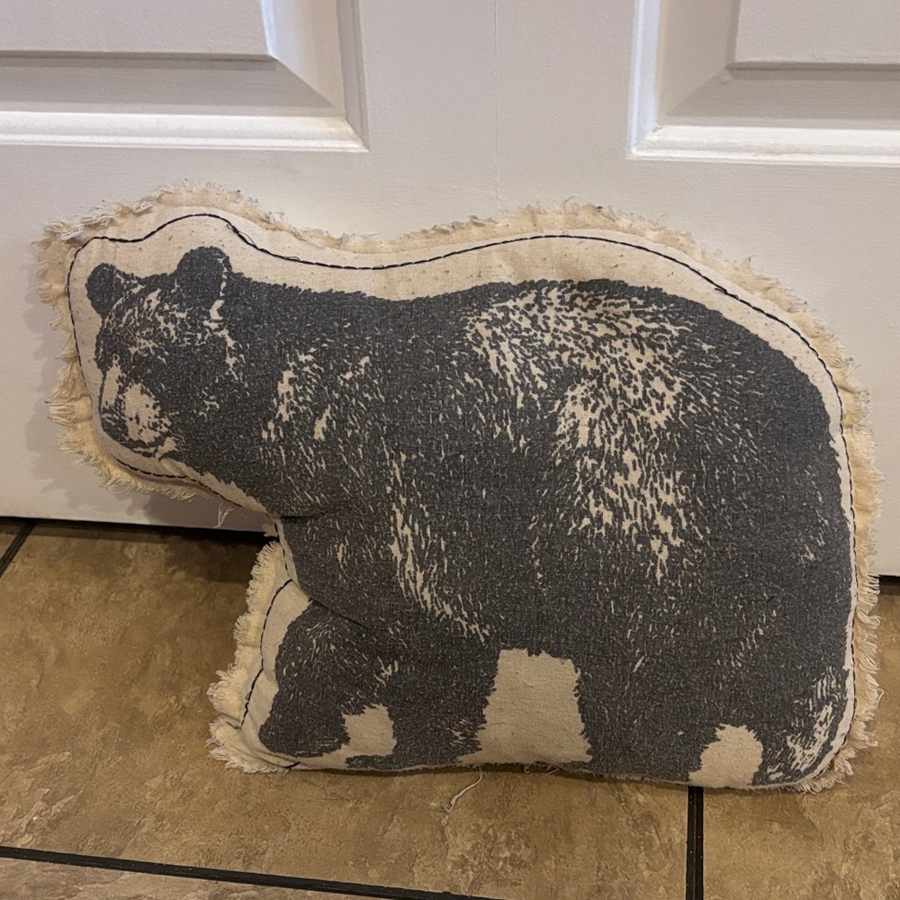 Bear Shaped Throw Pillow - Neutral Canvas & Charcoal Print